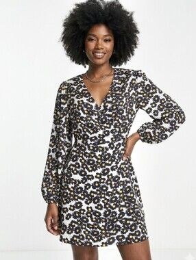 NWOT Glamorous Black Yellow Ditsy Daisy Satin Mini Wrap Dress Long Sleeves 6